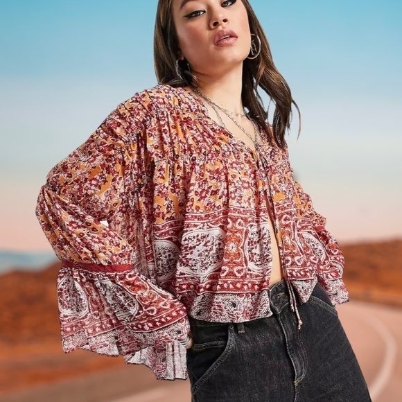 FREE PEOPLE Lorraine RETRO Print Tie-Front Wide Sleeve Flowy Tiered Kimono-Md - Picture 4 of 13